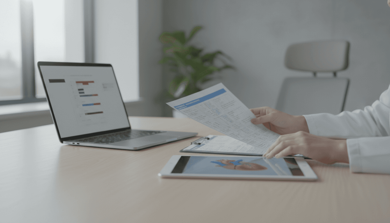 Clinician reviewing patient information at a desk with a tablet and laptop nearby