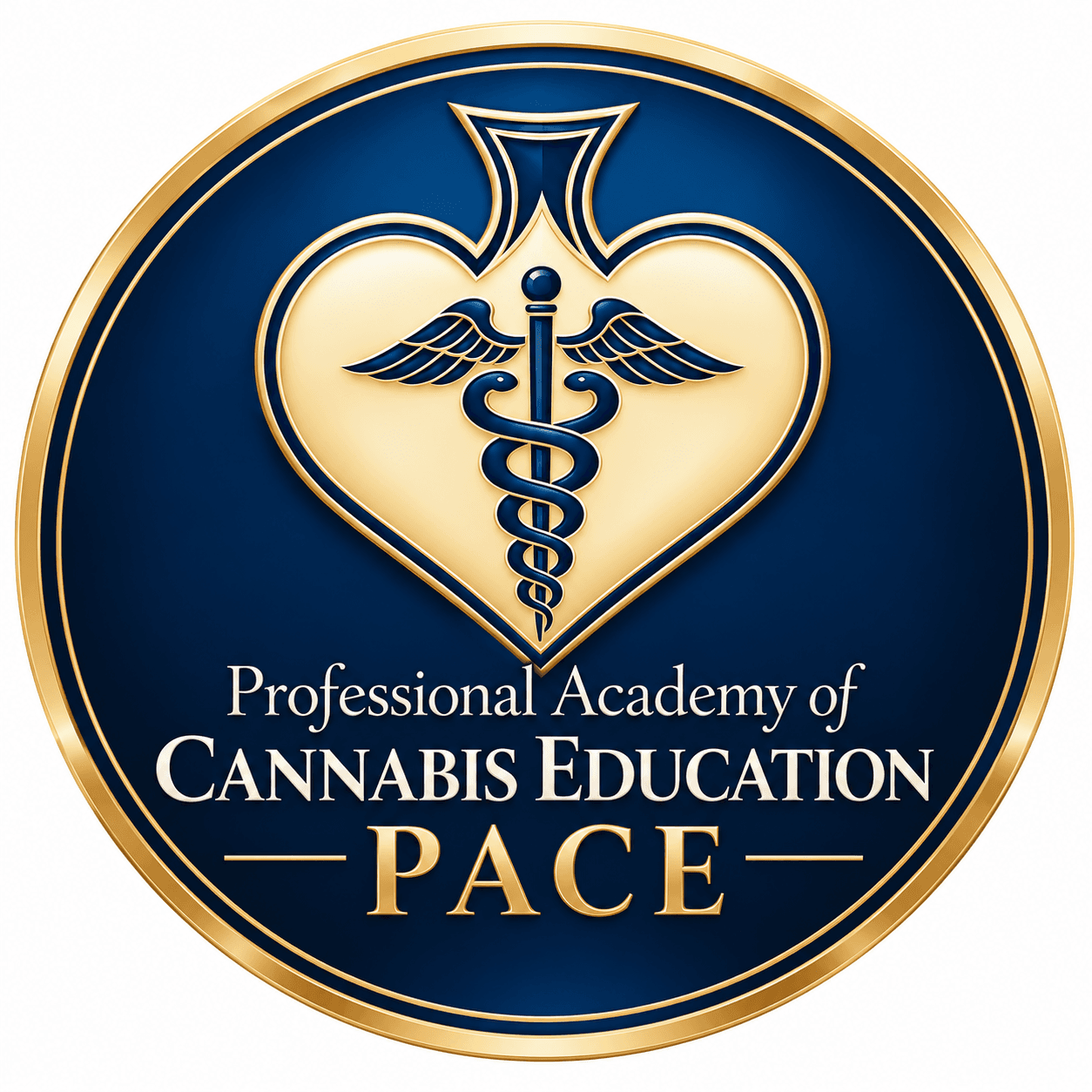 Circular blue logo for PACE, Professional Academy of Cannabis Education, featuring a gold caduceus symbol.
